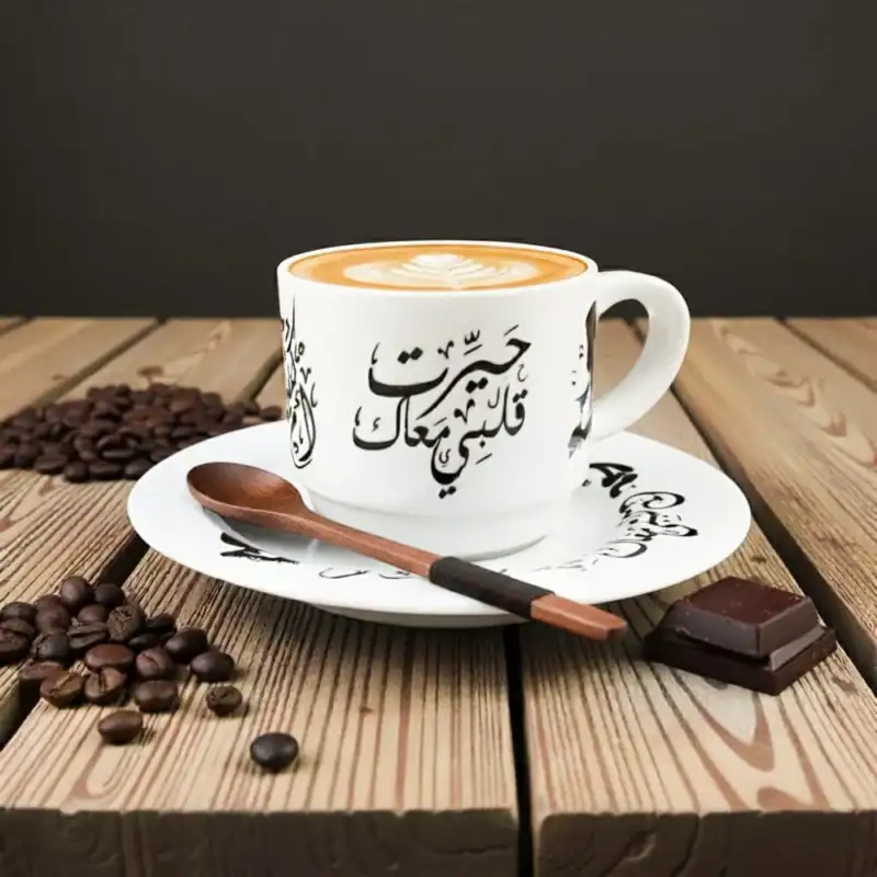 طقم فنجان قهوة أم كلثوم بورسلين بتصميم كوبليه حيرت قلبي معاك