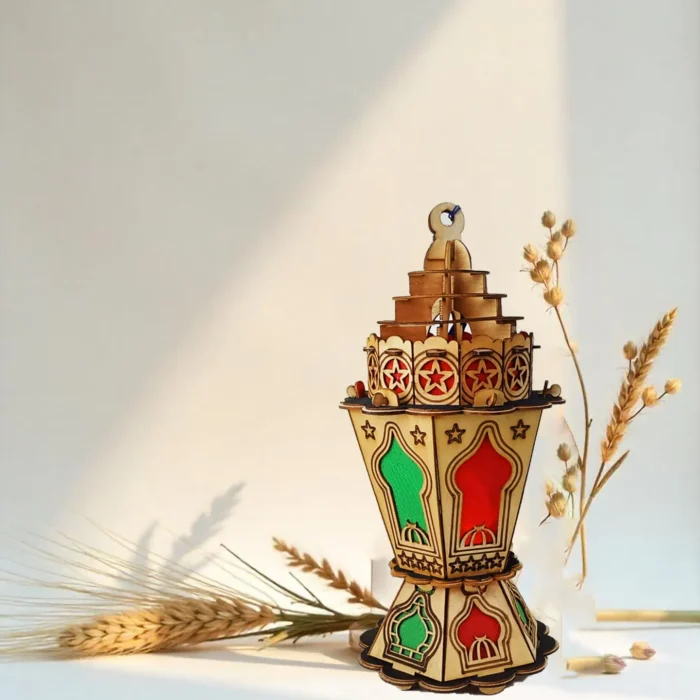فانوس رمضان الخشبي الفاخر بالألوان الزاهية والموسيقى الرمضانية – متعة بصرية وصوتية لأجواء الشهر الكريم – ارتفاع