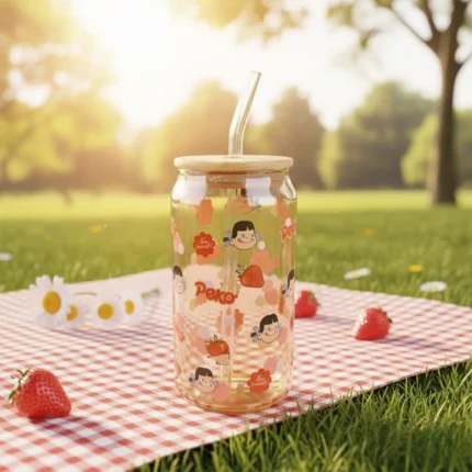 مج كانز زجاجي 550 مل بغطاء خشب وشاليمو – تصميم ستروبري مميز للمشروبات العصائر والموهيتو