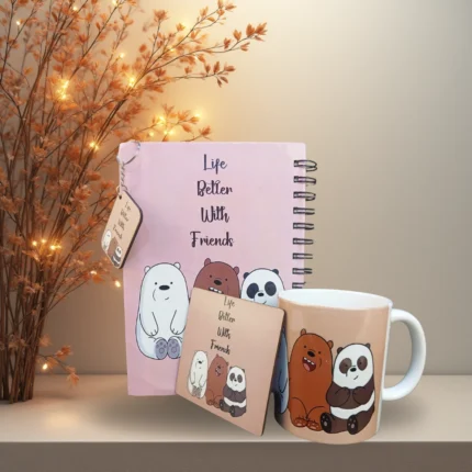 مجموعة هدايا مميزة – مج بورسلين ونوت 15×20 وكوستر وميدالية خشب بتصميمات مخصّصة