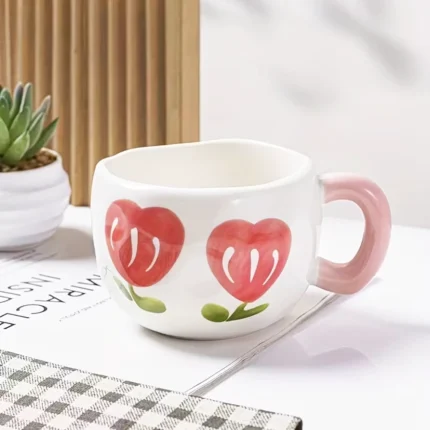 مج القلوب الوردية -300 مل – مج بورسلين بطابع رومانسي للمشروبات الساخنة والباردة