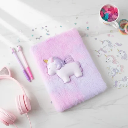 نوت اليونيكورن الفرو -تصميم بارز كيوت مع ورق كريمي مسطر-مقاس 20×15