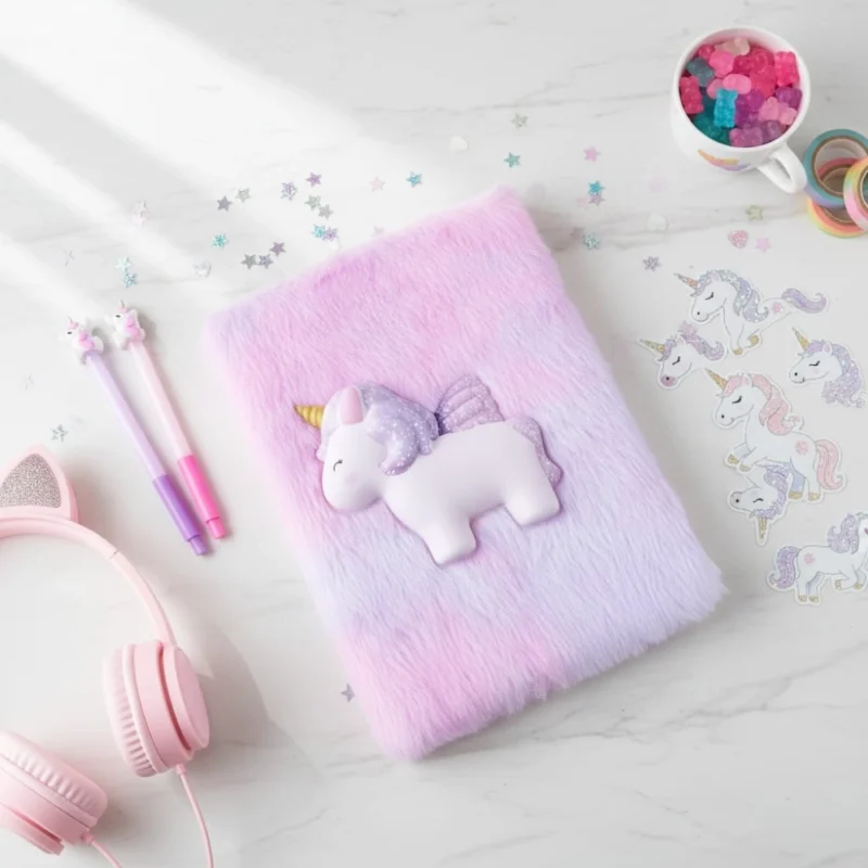 نوت اليونيكورن الفرو -تصميم بارز كيوت مع ورق كريمي مسطر-مقاس 20×15