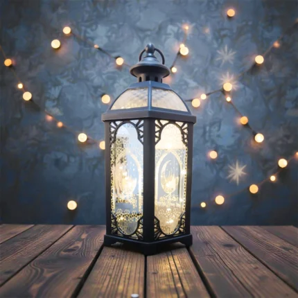 فانوس تركي مرايا إسود مضلع مضيء – مقاس 35 × 8 سم – ديكور رمضاني أنيق