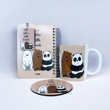 مجموعة هدايا أصدقاء الدببة – مج بورسلين + كوستر + ميدالية + نوت بوك سلك بتصميم كيوت