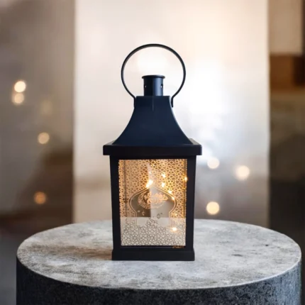 فانوس تركي أسود ديكور رمضان – حجم 20 × 9.5 سم – تصميم أنيق بإضاءة دافئة