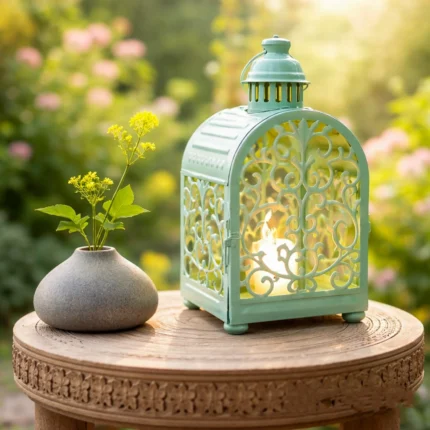 فانوس رمضان معدني على شكل بيت لون منت جرين – مقاس 27 × 14 × 12 سم ديكور رمضاني أنيق