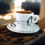 ⁦فنجان قهوة فيروز بورسلين بتصميم كوبليه “أنت الآساسي” – أبيض × أسود – شكل بيضاوي – سعة 90 مل⁩ - الصورة ⁦2⁩