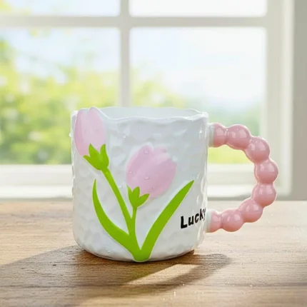 مج بابلز بورسلين بتصميم زهرة التوليب الوردية– مج فخم للاستخدام اليومي بسعة 300 مل