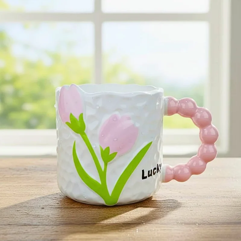 مج بابلز بورسلين بتصميم زهرة التوليب الوردية– مج فخم للاستخدام اليومي بسعة 300 مل