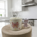 مج بورسلين فراشة بيد فيونكه سعة 350 مل – تصميم أنيق مقاس 8×8 سم هدية مميزة لكل المناسبات