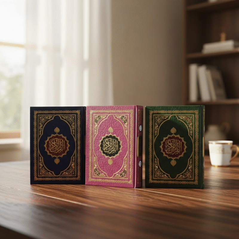 مصحف فاخر مقاس 19×14 سم بغلاف مخملي مزخرف ذهبي – تصميم إسلامي راقي بألوان مميزة