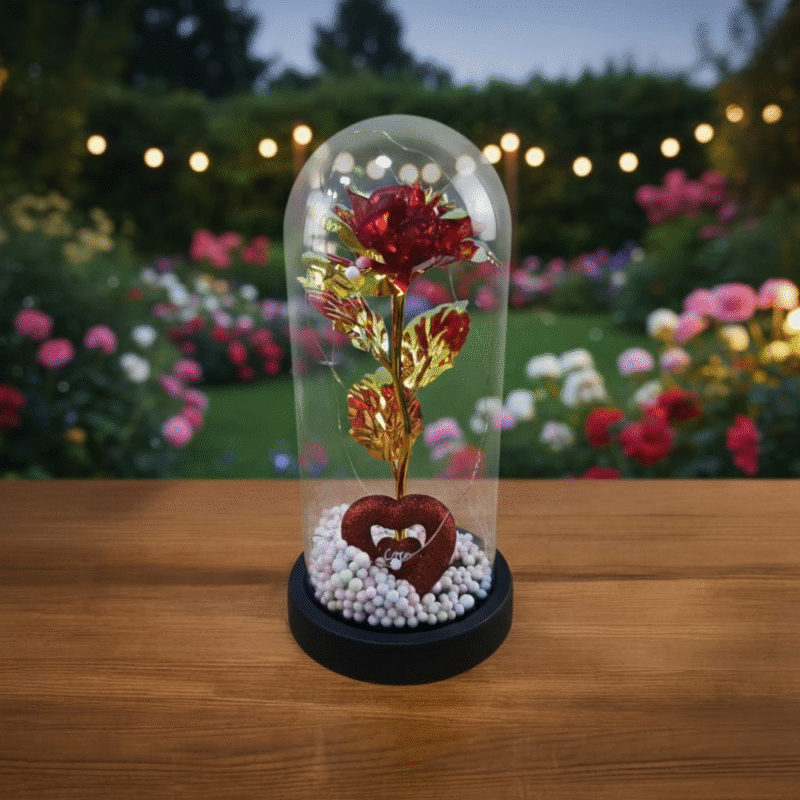بلورة ورد 20 سم بتنور – ديكور رومانسي مضيء بتصميم زهرة داخل كرة زجاجية فاخرة