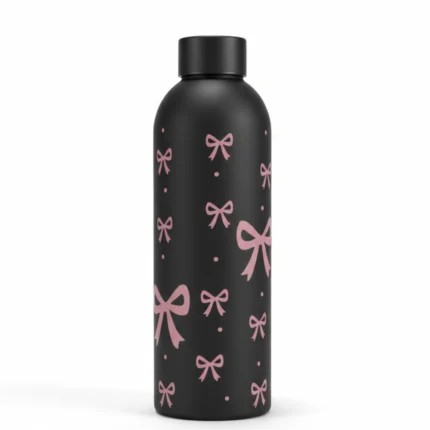 مج حراري أسود 500 مل بتصميم فيونكات وردي – كوب حراري ستانلس ستيل يحافظ على الحرارة والبرودة لساعات