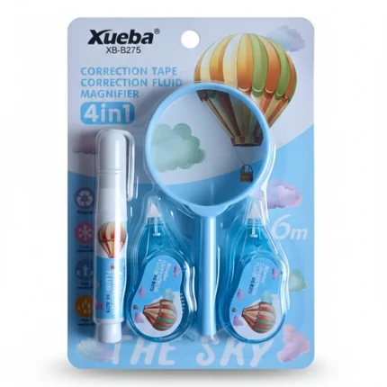 طقم كوريكتور شريط 4 في 1 مع عدسة مكبرة – 2 شريط تصحيح طول 6 متر + قلم تصحيح سائل + عدسة