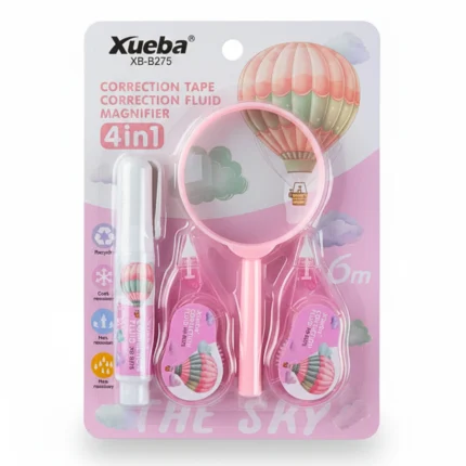 طقم كوريكتور شريط 4 في 1 مع عدسة مكبرة – 2 شريط تصحيح طول 6 متر + قلم تصحيح سائل + عدسة