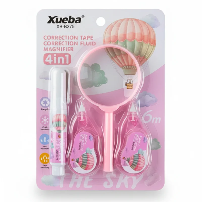 طقم كوريكتور شريط 4 في 1 مع عدسة مكبرة – 2 شريط تصحيح طول 6 متر + قلم تصحيح سائل + عدسة