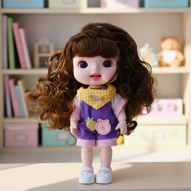 عروسة صغيرة بشعر بني كيرلي طويل – دمية أطفال لطيفة بملابس ملونة وعيون كبيرة جذابة