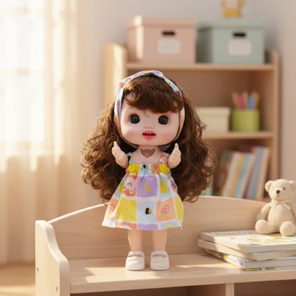 عروسة أطفال 23 سم بشعر بني كيرلي طويل وعيون كبيرة لامعة – دمية بناتي بفستان ملون وطوق رأس أنيق