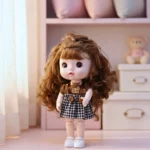 عروسة بناتي 23 سم بشعر بني كثيف كيرلي وعيون واسعة جذابة – دمية أطفال بملابس عصرية مميزة