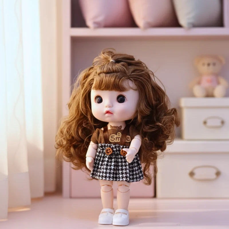 عروسة بناتي 23 سم بشعر بني كثيف كيرلي وعيون واسعة جذابة – دمية أطفال بملابس عصرية مميزة