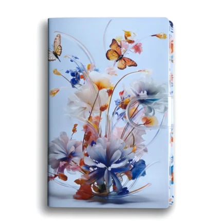 نوتة جيب صغيرة برسمة ورود وفراشات ملونة – 14.5×6.5 سم مناسبة للدراسة والهدايا