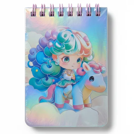 نوت بوك صغيرة سلك هولوجرام 11×7.5 سم – تصميم يونيكورن للأطفال بألوان باستيل جذابة