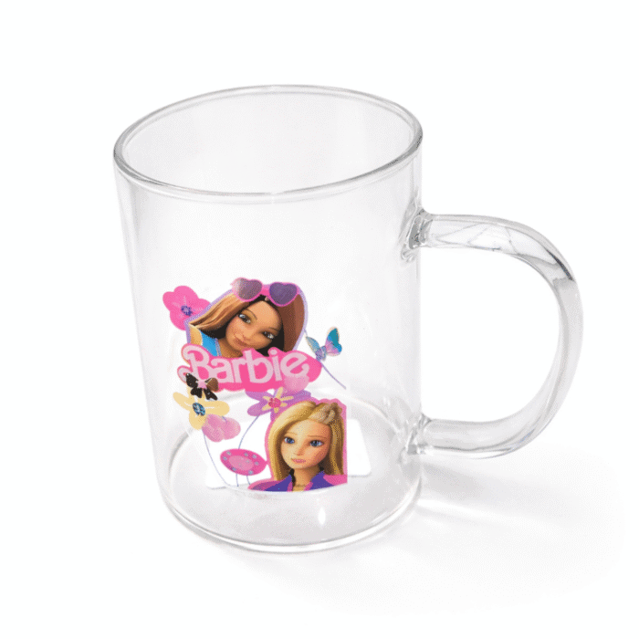 كوب زجاج باربي شفاف أنيق – شوب زجاجي بتصميم Barbie مناسب للقهوة والعصائر للاستخدام اليومي