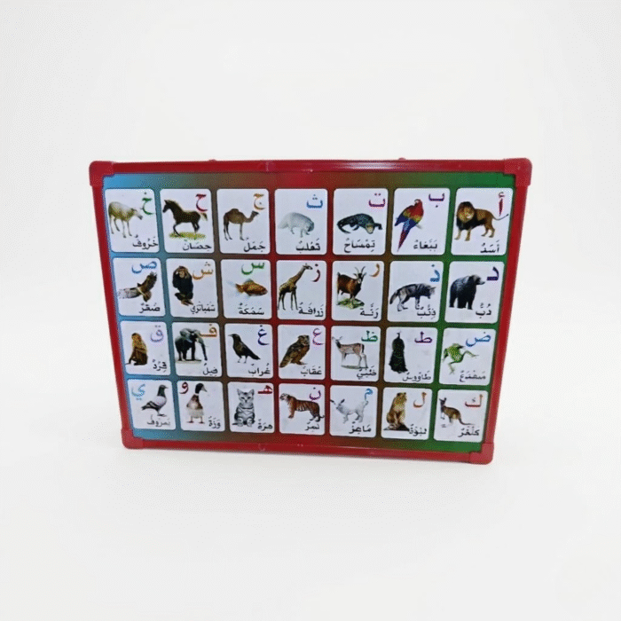 سبورة تعليمية للأطفال حروف عربية مع صور الحيوانات مقاس 40×30 سم قابلة للكتابة والمسح