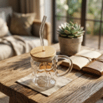 ⁦مج بابلز زجاجي بغطاء خشبي وشفاط زجاجي – كوب مشروبات أنيق للتقديم العصري⁩ - الصورة ⁦3⁩