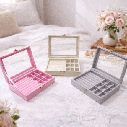 منظم اكسسوار أنيق بغطاء زجاجي لحفظ الخواتم والحُلي – صندوق تنظيم الإكسسوارات بتصميم مخملي فاخر