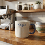 مج بورسلين 400 مللي بتصميم عصري بكلمة Hope – كوب قهوة أنيق بمقبض أزرق عملي