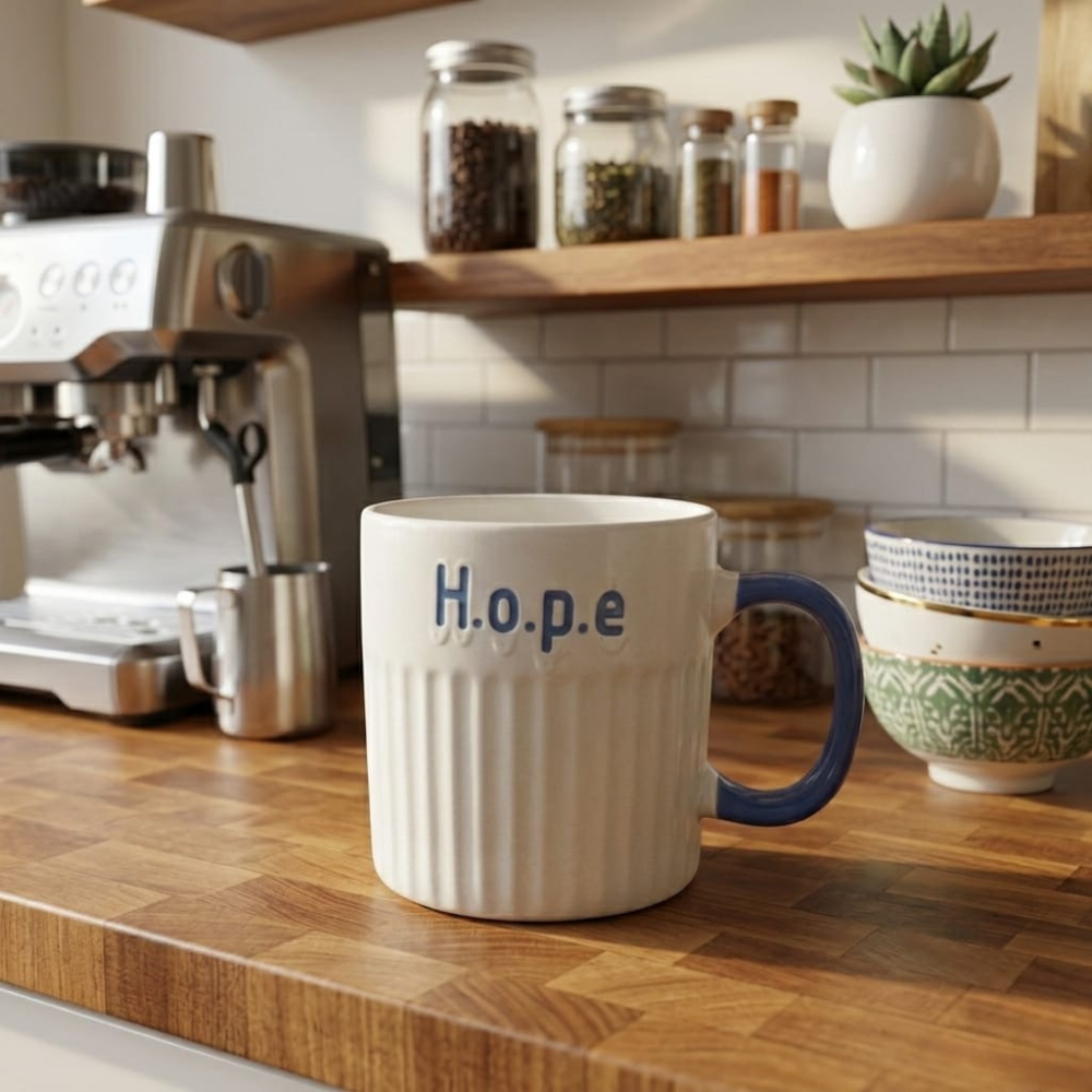 2 مج بورسلين 400 مللي بتصميم عصري بكلمة Hope – كوب قهوة أنيق بمقبض أزرق عملي