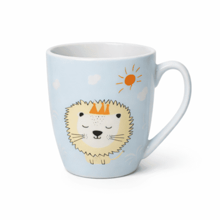 مج بورسلين برسمة أسد كيوت للأطفال – لون أزرق فاتح سعة 240 مل – كوب قهوة أو حليب بتصميم كرتوني مميز