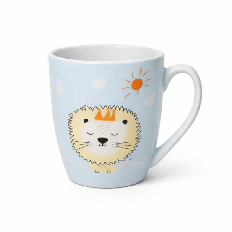 مج بورسلين برسمة أسد كيوت للأطفال – لون أزرق فاتح سعة 240 مل – كوب قهوة أو حليب بتصميم كرتوني مميز