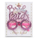 طقم Bride وردي جليتر 2 قطعة – نظارة + هيد باند للعروسة بإكسسوارات حفلات مميزة