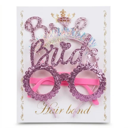 طقم Bride وردي جليتر 2 قطعة – نظارة + هيد باند للعروسة بإكسسوارات حفلات مميزة