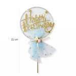 ⁦توبر كيك Happy Birthday ذهبي بطول 21 سم مع تول أزرق – زينة عيد ميلاد فخمة للكيك⁩ - الصورة ⁦2⁩
