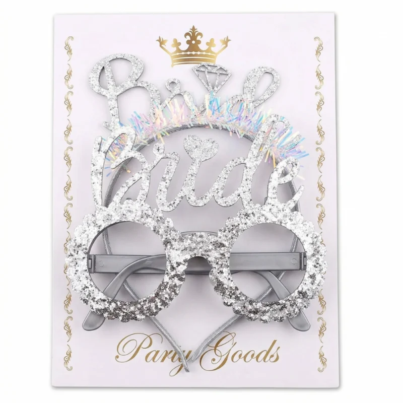 طقم Bride فضي جليتر 2 قطعة – نظارة + هيد باند للعروسة بإكسسوارات حفلات مميزة