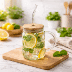 ⁦مج بابلز زجاجي بغطاء خشبي وشفاط زجاجي – كوب مشروبات أنيق للتقديم العصري⁩ - الصورة ⁦4⁩