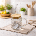 مج بابلز زجاجي بغطاء خشبي وشفاط زجاجي – كوب مشروبات أنيق للتقديم العصري