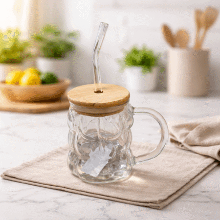 مج بابلز زجاجي بغطاء خشبي وشفاط زجاجي – كوب مشروبات أنيق للتقديم العصري