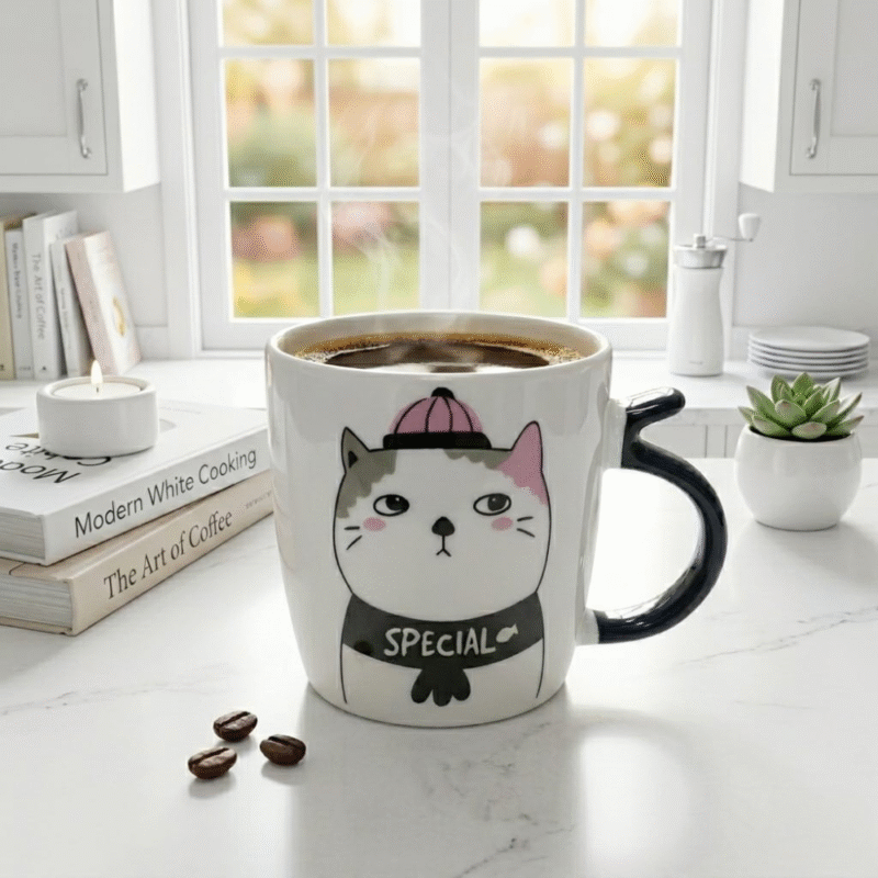 مج بورسلين 370 مللي بتصميم قط كيوت – كوب قهوة وشاي أنيق للمكتب والمنزل