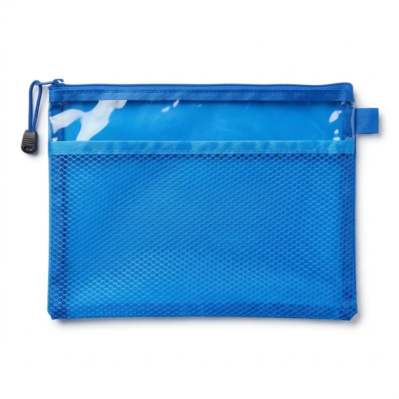 مقلمة شبك شفافة زرقاء 24×17 سم – مقلمة مدرسية عملية بسوستة للأقلام والأدوات