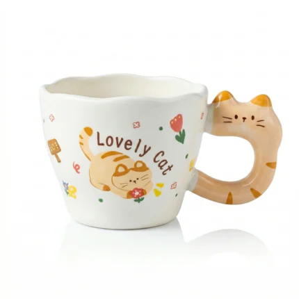 مج بورسلين شكل قطة Lovey Cat سعة 300 مل – كوب قهوة بتصميم كيوت بمقبض على شكل قطة
