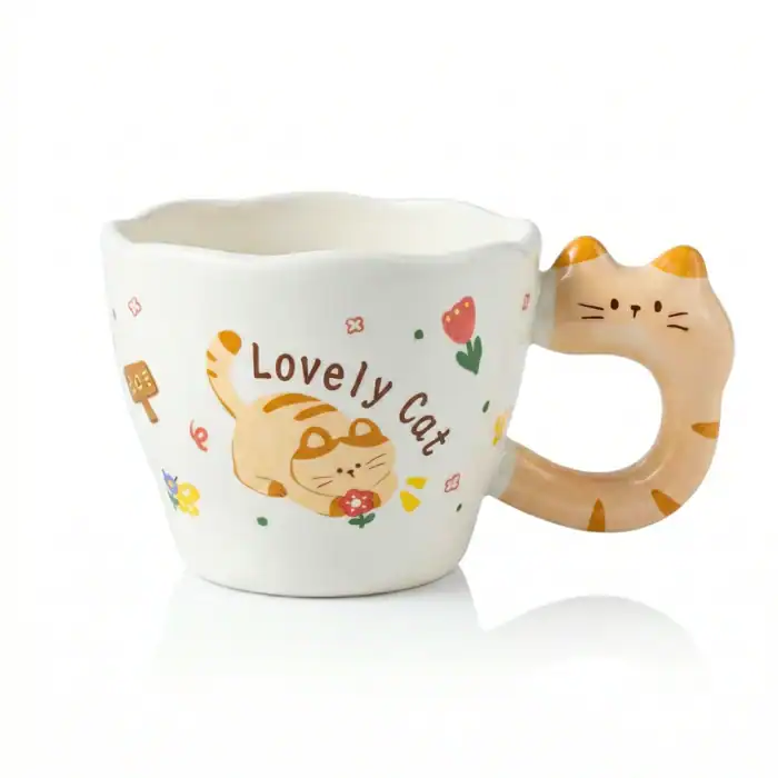 مج بورسلين شكل قطة Lovey Cat سعة 300 مل – كوب قهوة بتصميم كيوت بمقبض على شكل قطة