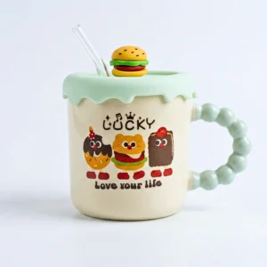 مج سيراميك بتصميم كرتوني لطيف بغطاء أخضر ومصاص زجاج – كوب قهوة عصري Love Your Life بمقبض مميز