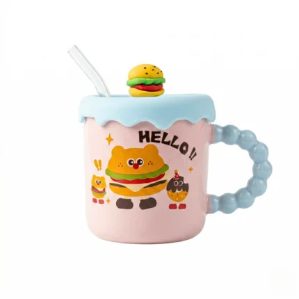 مج بورسلين 300 مل بتصميم كرتوني كيوت – كوب قهوة بغطاء وشاليموه – مناسب للمشروبات الساخنة والباردة