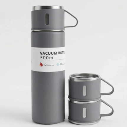 زجاجة حرارية ستانلس ستيل 500 مل مع كوبين للشرب – ترمس قهوة وشاي يحافظ على الحرارة والبرودة