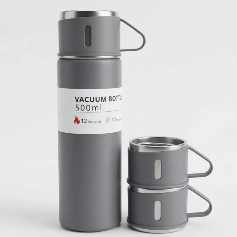 زجاجة حرارية ستانلس ستيل 500 مل مع كوبين للشرب – ترمس قهوة وشاي يحافظ على الحرارة والبرودة